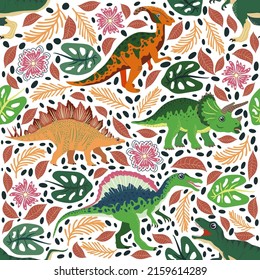 Hand drawn seamless pattern with dinosaurs and tropical leaves and flowers. Perfect for kids fabric, textile, nursery wallpaper. Cute dino design.
