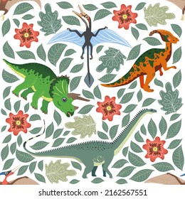 Hand drawn seamless pattern with dinosaurs and tropical leaves and flowers. Perfect for kids fabric, textile, nursery wallpaper. Cute dino design.