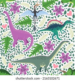 Hand drawn seamless pattern with dinosaurs and tropical leaves and flowers. Perfect for kids fabric, textile, nursery wallpaper. Cute dino design.