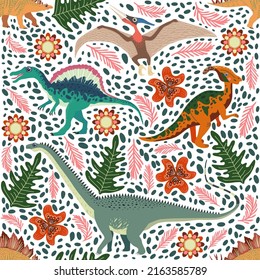 Hand drawn seamless pattern with dinosaurs and tropical leaves and flowers. Perfect for kids fabric, textile, nursery wallpaper. Cute dino design.