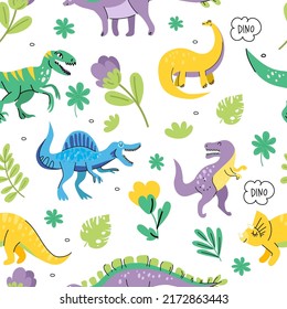 Hand drawn seamless pattern with dinosaurs and tropical leaves and flowers. For kids fabric, textile, nursery wallpaper. Cute dino design. Vector illustration.