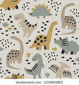 Hand drawn seamless pattern with dinosaurs and abstract shapes. Colorful Dino design. Perfect for kids fabric, textile, nursery wallpaper. Cute dino design. Vector illustration. svg