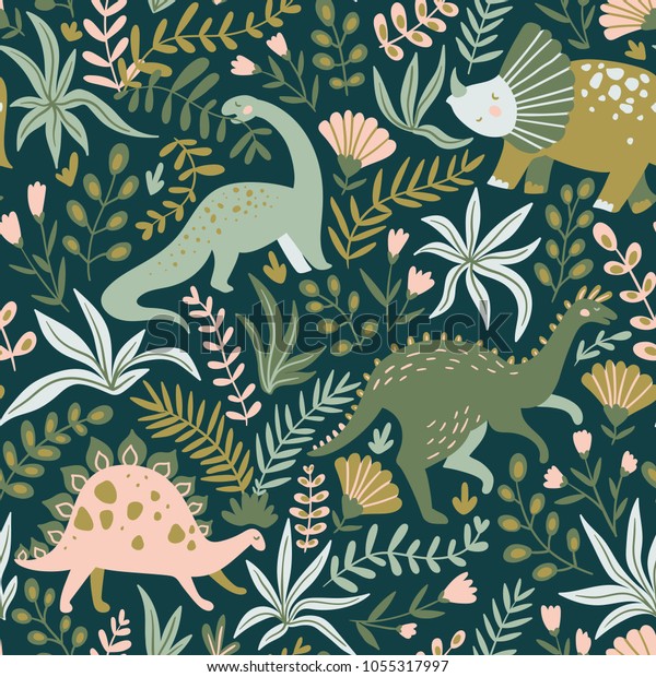 手描きのシームレスな模様で恐竜 熱帯の葉や花を描く 子ども用の織物 繊維 保育園の壁紙に最適 かわいいデザイン ベクターイラスト のベクター画像素材 ロイヤリティフリー