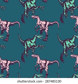 Hand drawn seamless pattern with dinosaur.Vector line art.