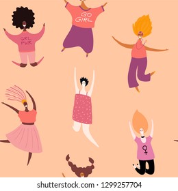 Hand drawn seamless pattern with diverse women. Vector illustration. Flat style design. Concept, element for feminism, womens day card, poster, banner, textile print, wallpaper, packaging background