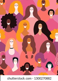 Hand drawn seamless pattern with diverse women faces. Vector illustration. Flat style design. Concept, element for feminism, womens day card, poster, banner, textile, wallpaper, packaging background