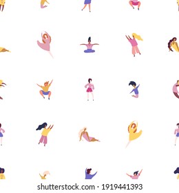 Hand drawn seamless pattern with diverse women. Concept, element for feminism, women's day card, poster, banner, textile print, wallpaper, packaging background. Vector illustration in a flat style. 