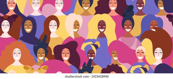 Hand drawn seamless pattern with diverse women faces. Vector illustration. Flat style design. Concept, element for feminism, womens day card, poster, banner, textile, wallpaper, packaging background