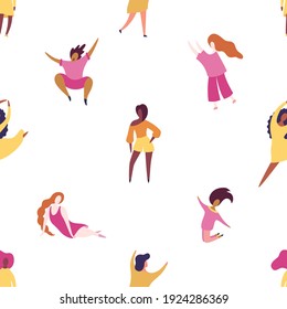 Hand drawn seamless pattern with diverse women. Concept, element for feminism, women's day card, poster, banner, textile print, wallpaper, packaging background. Vector illustration in a flat style. 