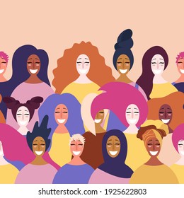Hand drawn seamless pattern with diverse women faces. Vector illustration. Flat style design. Concept, element for feminism, womens day card, poster, banner, textile, wallpaper, packaging background