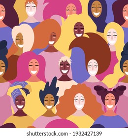 Hand drawn seamless pattern with diverse women faces. Vector illustration. Flat style design. Concept, element for feminism, womens day card, poster, banner, textile, wallpaper, packaging background