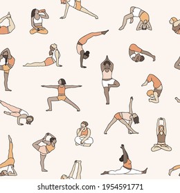 Hand drawn seamless pattern of diverse young women practicing yoga asanas