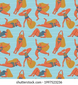 A hand drawn seamless pattern with diverse girls having fun. Textile surface design on body positivity, diversity, self acceptance, girl power, feminism. Plus size curvy models in bikini swimwear.