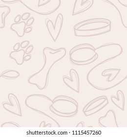 Hand drawn seamless pattern with dog footprint, bones and leash. Vector illustration