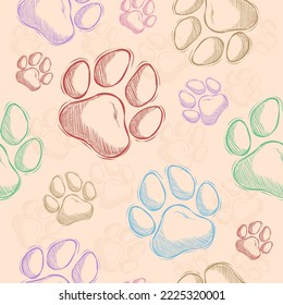 Hand drawn seamless pattern with dog or cat paws, outline drawing pattern with pet paw 