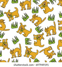 Hand drawn seamless pattern with dog, cat and natural design. Vector background with cute cartoon elements. Summer or spring design for prints, posters, t-shirt