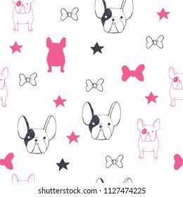 Hand drawn seamless pattern with dogs (french bulldogs).