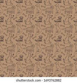 Hand drawn seamless pattern with dogs, doodle. Vector illustration. EPS 10