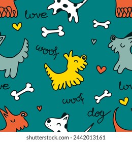 Hand drawn seamless pattern with dogs, inscriptions and bones. Perfect print for tee, paper, textile and fabric. Doodle vector illustration for decor and design.