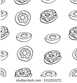 Hand drawn seamless pattern donuts for greeting cards, posters, recipe, culinary design. Isolated on white background. Doodle vector illustration.