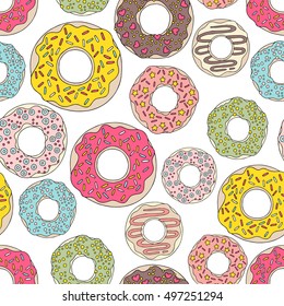 Hand drawn seamless pattern with donuts. Vector illustration. Packing for a gift, template for greeting cards, banners, congratulations, advertising, menu
