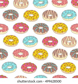 Hand drawn seamless pattern with donuts. Vector illustration. Packing for a gift, template for greeting cards, banners, congratulations, advertising, menu