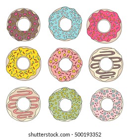 Hand drawn seamless pattern with donuts. Vector illustration. Packing for a gift, template for greeting cards, banners, congratulations, advertising, menu