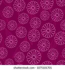 Hand drawn seamless pattern with doodle flowers on violet background. Vector illustration for web or print design, can be used for textile, package, invitations