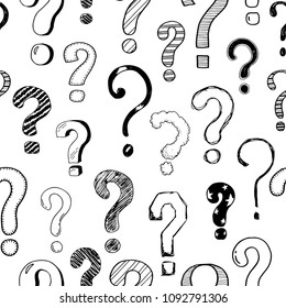 Hand drawn seamless pattern of doodle question marks. Vector illustration for your textule, background, wallpaper, fabric design. Cartoon sketch style interrogation ask question drawn by pen.