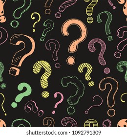 Hand drawn seamless pattern of doodle question marks. Vector illustration for your textule, background, wallpaper, fabric design. Cartoon sketch style interrogation ask question drawn by pen.