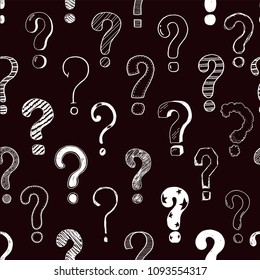 Hand drawn seamless pattern of doodle question marks. Vector illustration for your textule, background, wallpaper, fabric design. Cartoon sketch style interrogation ask question drawn by pen.