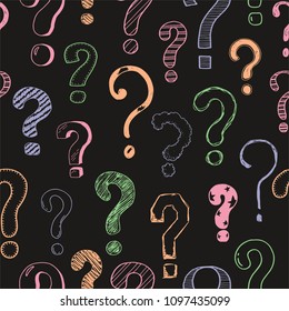 Hand drawn seamless pattern of doodle question marks. Vector illustration for your textule, background, wallpaper, fabric design. Cartoon sketch style interrogation ask question drawn by pen.