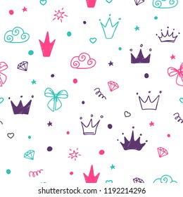 Hand drawn seamless pattern with doodle colored crowns. Cute baby and little princess design.