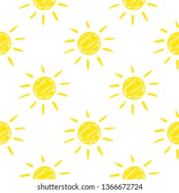 Hand drawn Seamless Pattern with Doodle Suns. Childish Summer Textile and Wallpaper Texture. Vector illustration. 