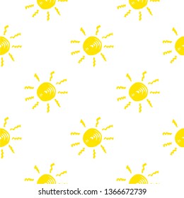 Hand drawn Seamless Pattern with Doodle Suns. Childish Summer Textile and Wallpaper Texture. Vector illustration. 