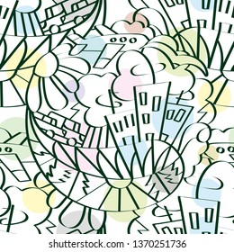 Hand drawn seamless pattern. Doodle elements The theme of ecology of a big city.