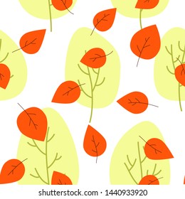 Hand drawn seamless pattern with doodle autumn yellow trees and orange  leaves on white background.
