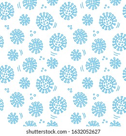 Hand drawn seamless pattern doodle blue Coronavirus  isolated on white background. Global epidemic of 2019-nCov. Concept of coronavirus quarantine, wallpaper, wrapping, textile, backdrop