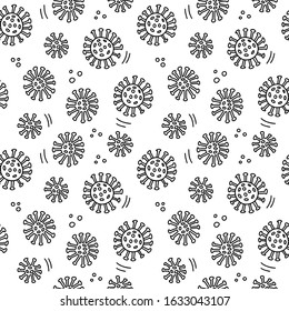 Hand drawn seamless pattern doodle black Coronavirus  isolated on white background. Global epidemic of 2019-nCov. Concept of coronavirus quarantine, wallpaper, wrapping, textile, backdrop