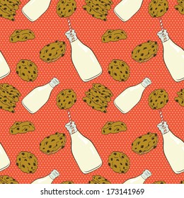 Hand drawn seamless pattern with doodle cartoon chocolate chip cookies and bottle of milk on polka dot background.