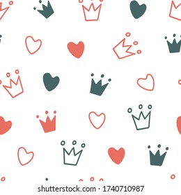 Hand drawn seamless pattern with doodle crowns. Cute baby and little princess design. Children's room wallpaper and clothes texture.