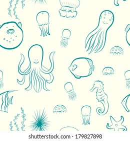 Hand drawn seamless pattern with doodle sea dwellers. Funny cartoon fish, octopus, jellyfish, starfish, seaweeds, sea hedgehog, sea horse.