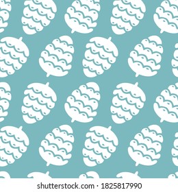 Hand drawn seamless pattern  doodle of fir tree cones isolated on green background. Conifer sketch. Vector illustration. Design for wrapping, wallpaper, textile