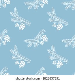 Hand drawn seamless pattern  doodle of fir tree branch with cones isolated on blue background. Conifer sketch. Vector illustration. Design for wrapping, wallpaper, textile