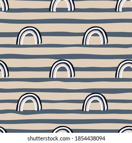 Hand drawn seamless pattern with doodle kids rainbow elemnts. Striped background in pale tones. Decorative backdrop for fabric design, textile print, wrapping, cover. Vector illustration.