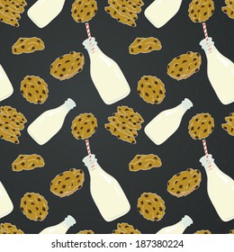 Hand drawn seamless pattern with doodle cartoon chocolate chip cookies and bottle of milk on chalkboard background.