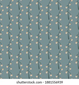Hand drawn seamless pattern with doodle rowan berries ornament. Light turquoise background. Botanic backdrop.Graphic design for wrapping paper and fabric textures. Vector Illustration.