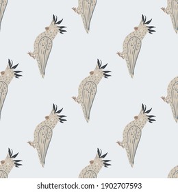 Hand drawn seamless pattern with doodle grey contoured cockatoo parrot print. Light blue background. Flat vector print for textile, fabric, gift wrap, wallpapers. Endless illustration.