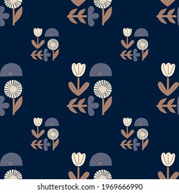 Hand drawn seamless pattern with doodle flowers, rainbow and leaves print. Navy blue background. Flat vector print for textile, fabric, giftwrap, wallpapers. Endless illustration.