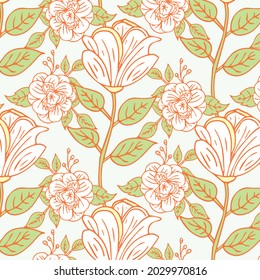 Hand drawn seamless pattern with doodle flowers. Line endless ornament. Vector illustration.